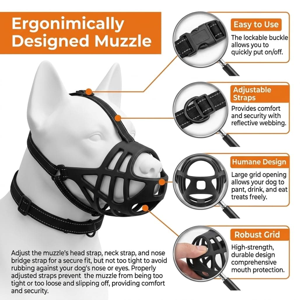 Breathable Basket Dog Muzzle For Large Breeds Adjustable Mask With Reflective Straps Allows Drinking & Treat Feeding Perfect For German Shepherd, Husky, Labrador