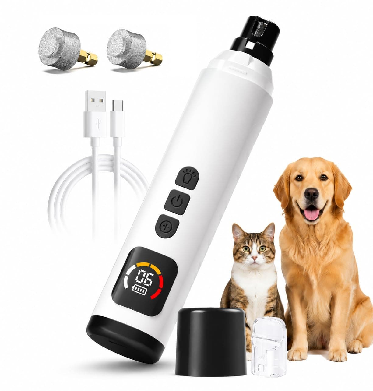 Dog Nail Grinder, Quiet Pet Nail Trimmer For Dogs And Cats 6 Speeds, Dual LED Lights, Rechargeable 5H Runtime, 3 Diamond Heads, For Small Medium Large Pets