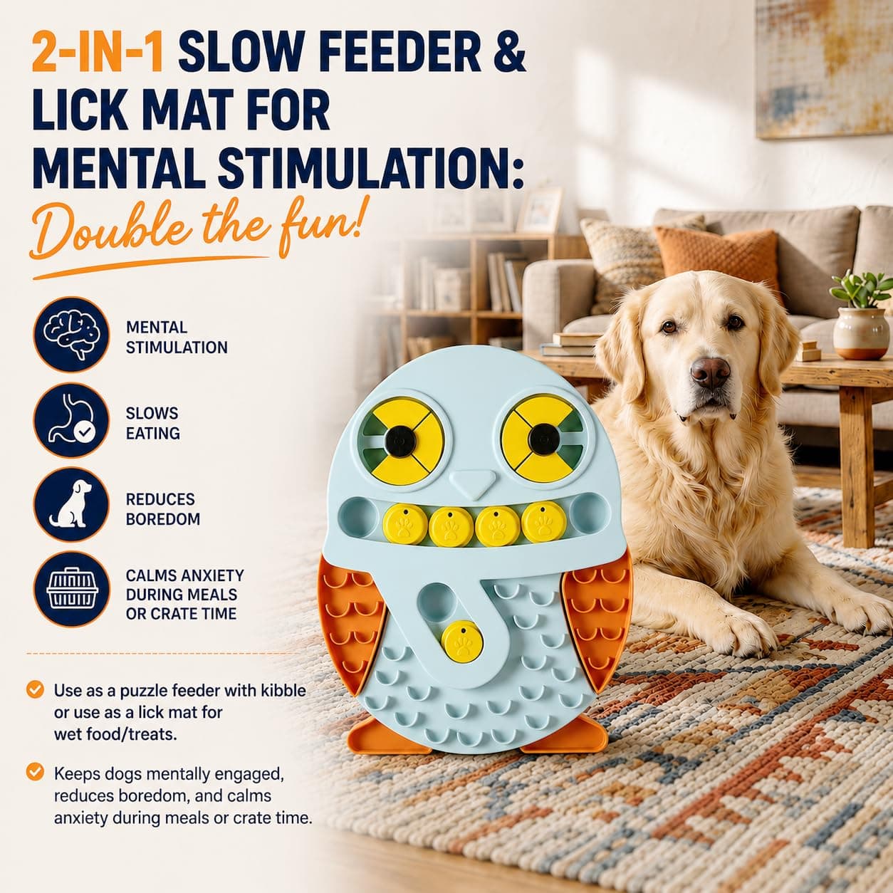 Slow Feeder Dog Bowl & Lick Mat, Interactive Puzzle Toy Fast Eaters, Treat Dispensing, Non-Slip Base, Small, Medium, Large Dogs,Sound Toy