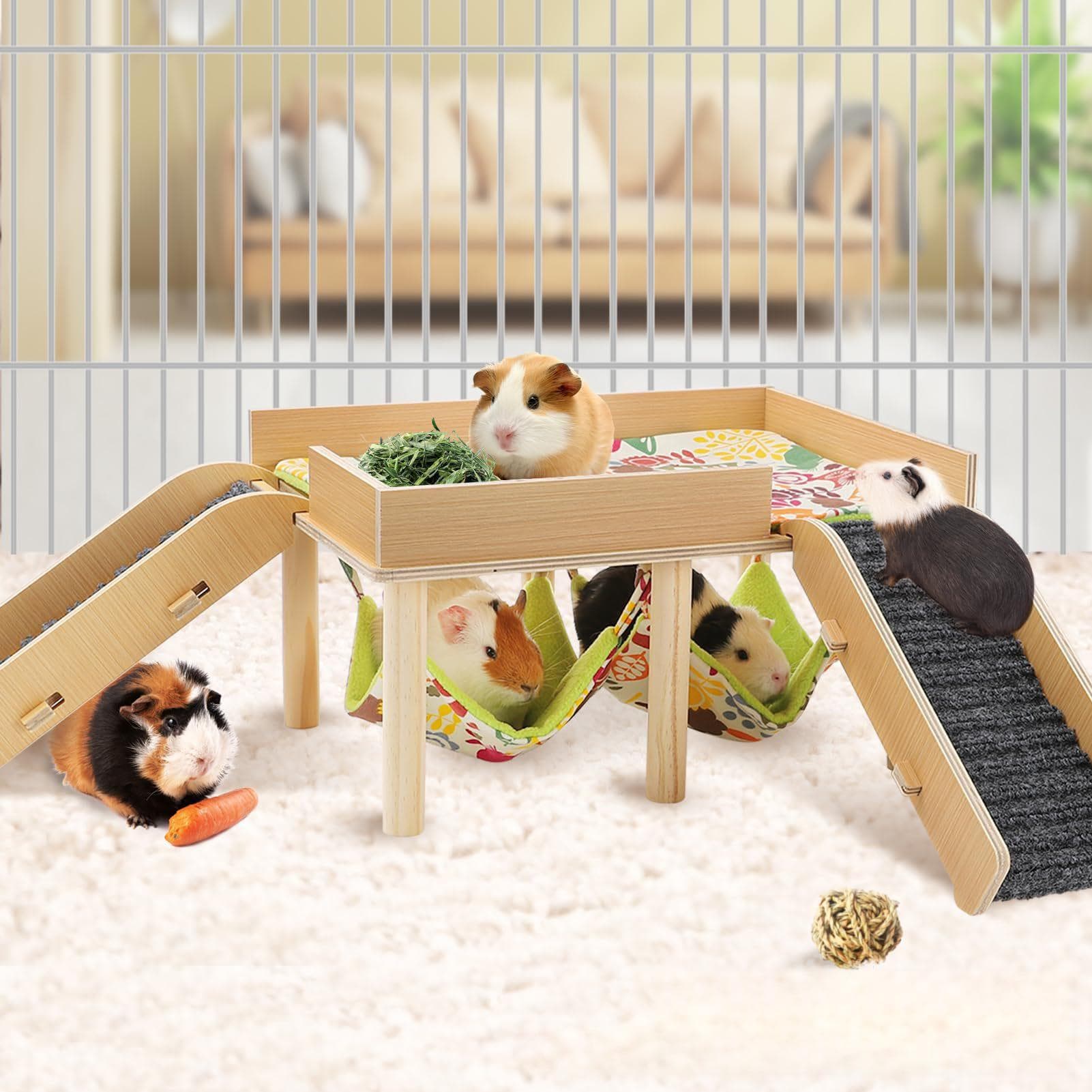Wooden Guinea Pig Double Hammock Nest With Removable Design And Ladder For Pet Cages
